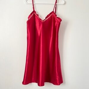 Vintage Aegean Apparel Elegant Red Satin Lace Trim Slip Dress Babydoll Coquette